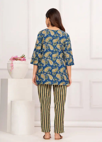 Women Top And Pajama Set Blue Jaipuri Printed